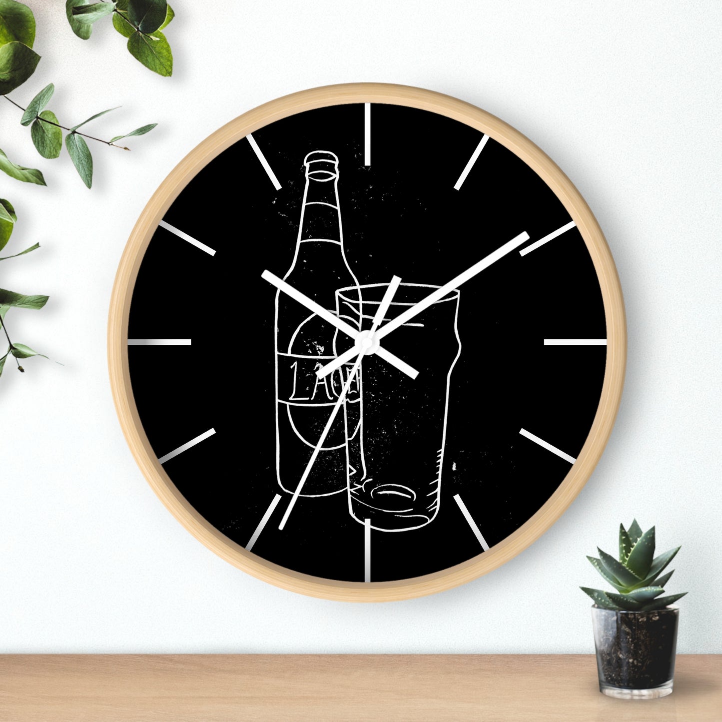 Lager Bottle and Pint Glass Lino Print | Black Ink | Wall Clock 10"