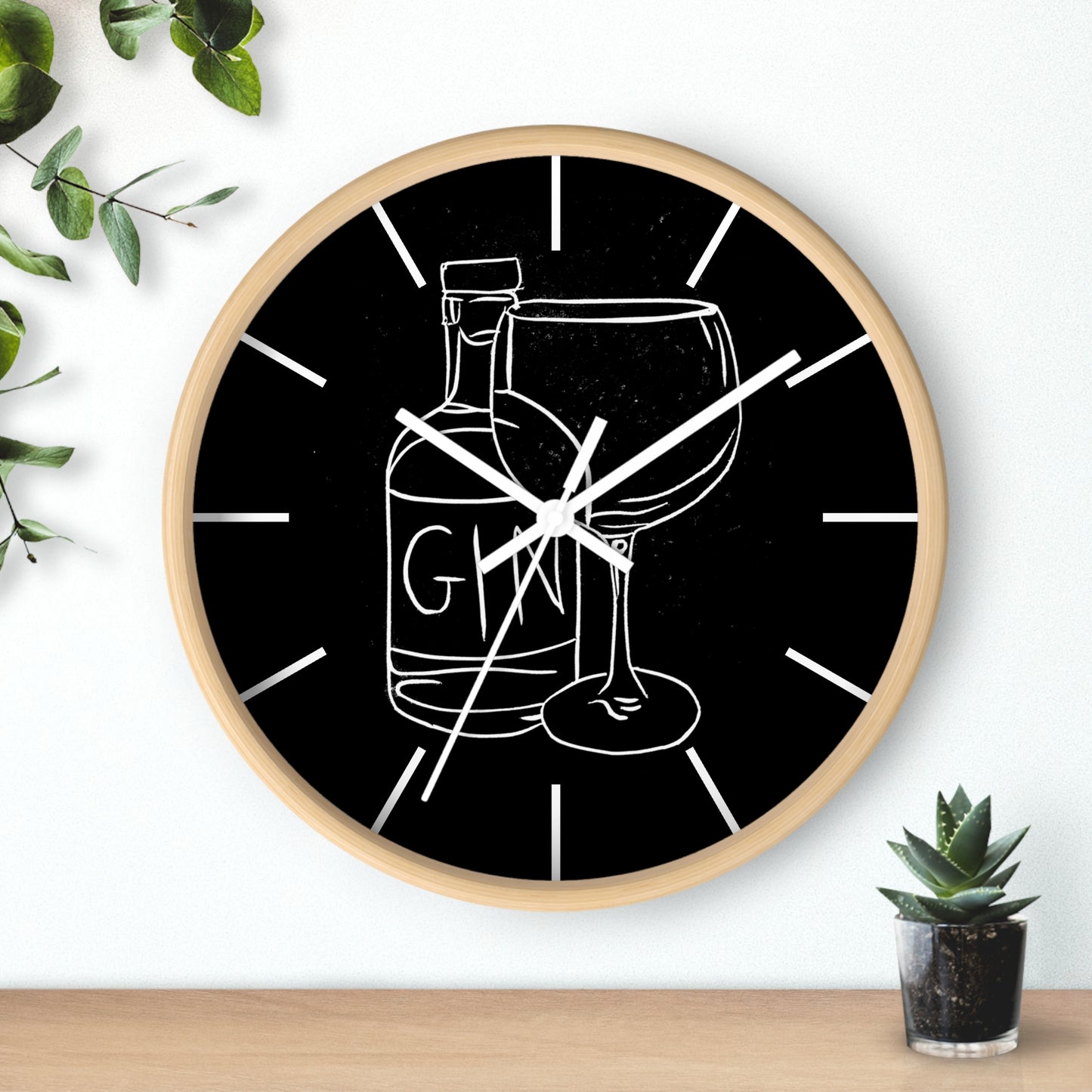 Gin Bottle and Glass Lino Print | Black Ink | Wall Clock | 10"