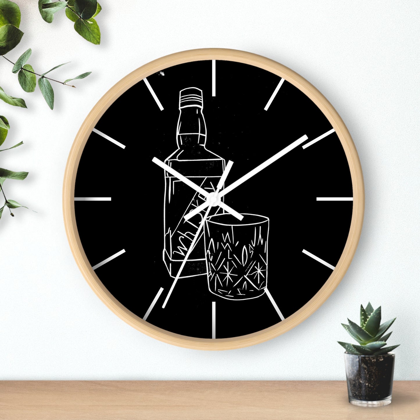 Whiskey Bottle and Whiskey Glass Lino Print | Black Ink | Wall Clock 10"