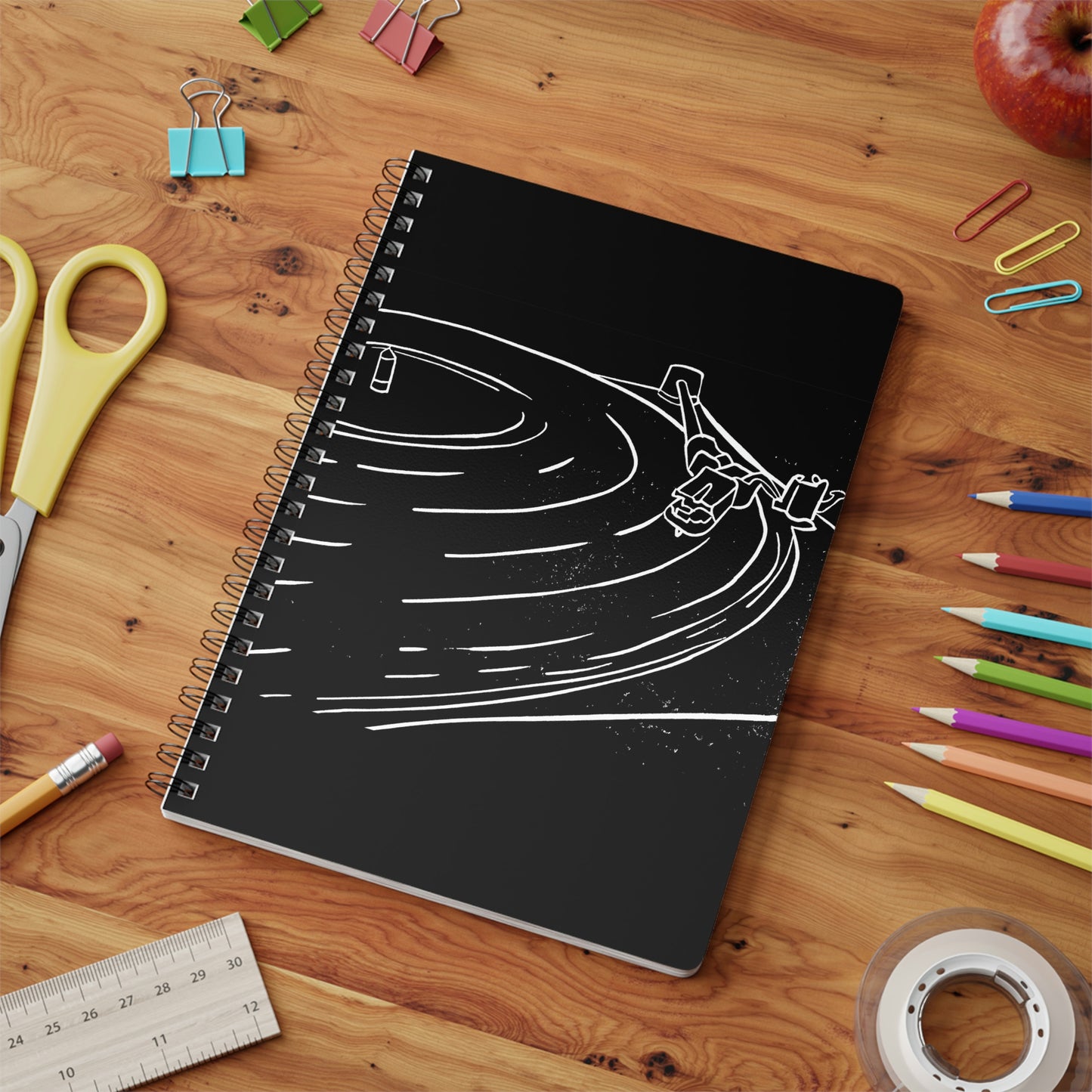 Record Player Lino Print -Wiro bound Softcover Notebook, A5, 150 pages