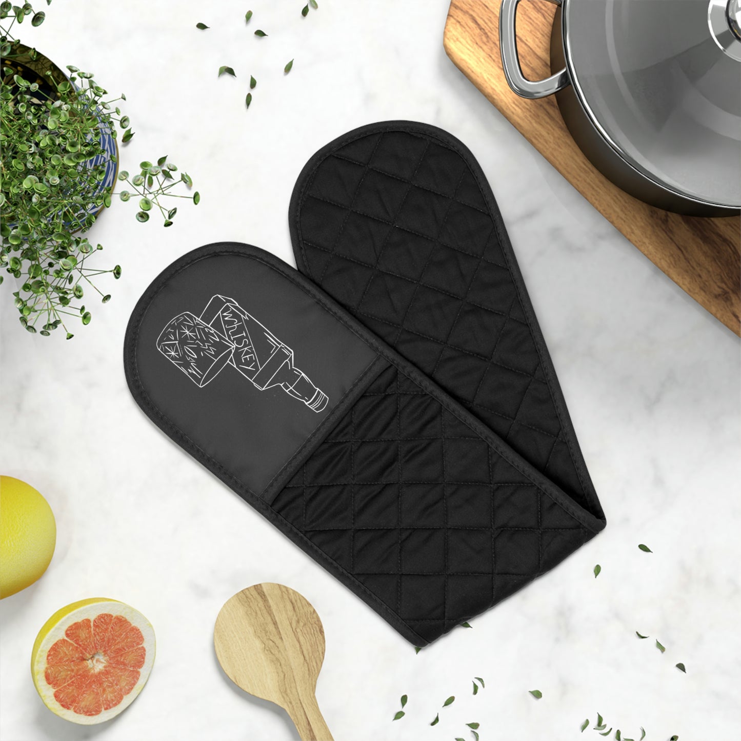 Whiskey Bottle and Whiskey Glass Lino Print | Black Ink | Oven Mitts