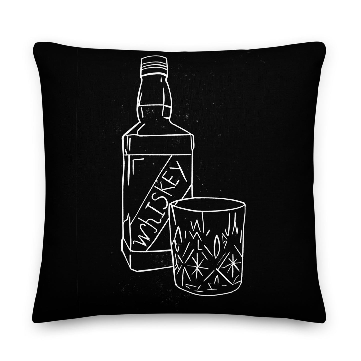 Whiskey Bottle and Whiskey Glass Lino Print | Black Ink | Cushion Cover with Fibre Inner | Front & Back print | 18″×18″, 22″×22″