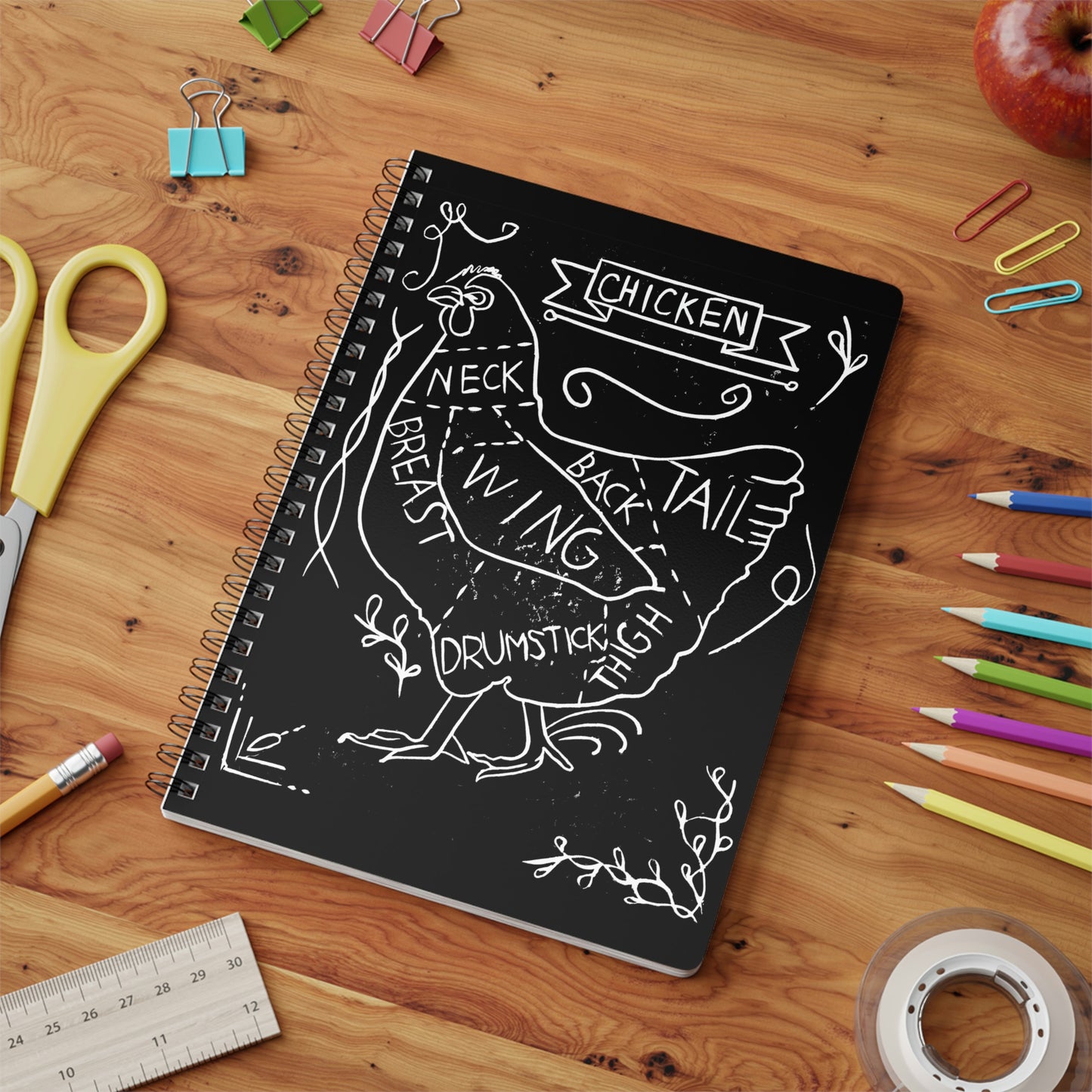 Chicken Cuts Diagram Lino Print -Wiro bound Softcover Notebook, A5, 150 pages