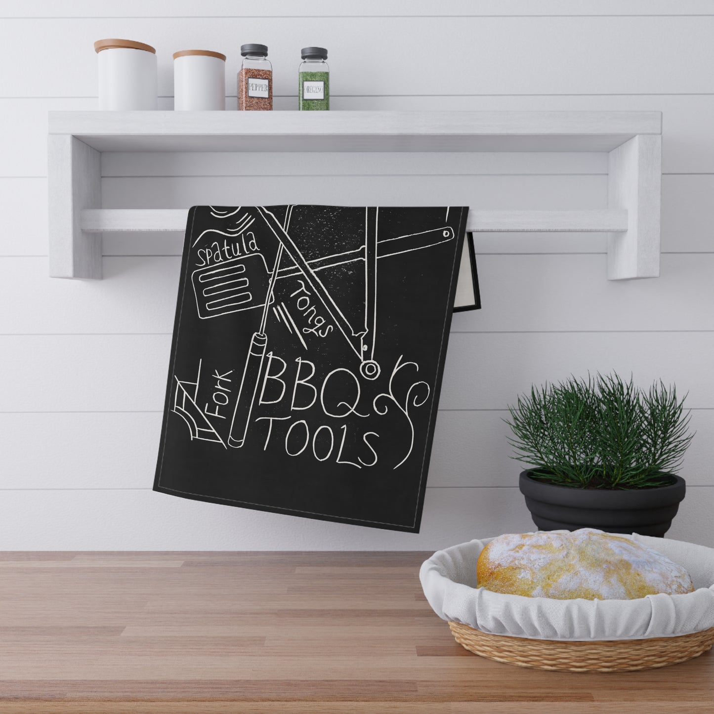 BBQ Tools Lino Print | Black Ink | Kitchen Towel | 18" × 30"