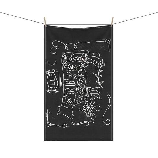 Beef Cuts Diagram Lino Print | Black Ink | Kitchen Towel | 18" × 30"