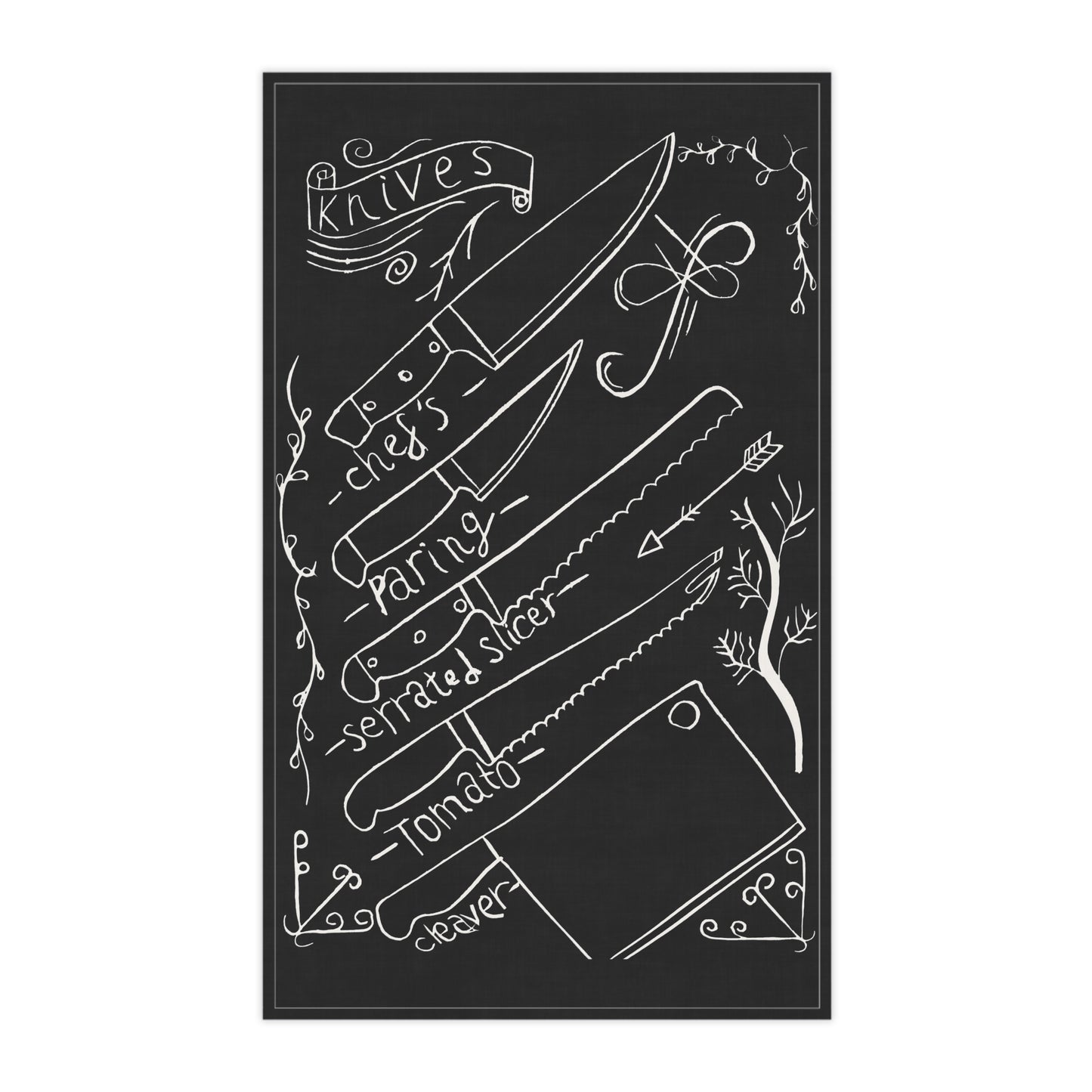 Kitchen Knives Lino Print | Black | Kitchen Towel | 18" × 30"