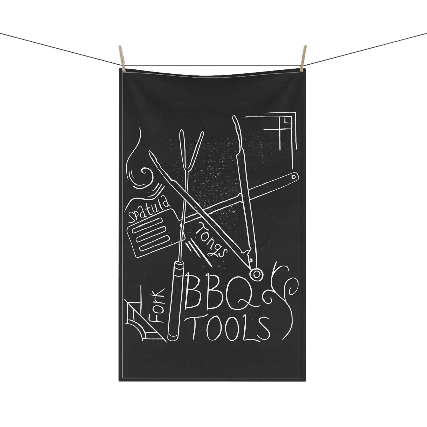 BBQ Tools Lino Print | Black Ink | Kitchen Towel | 18" × 30"