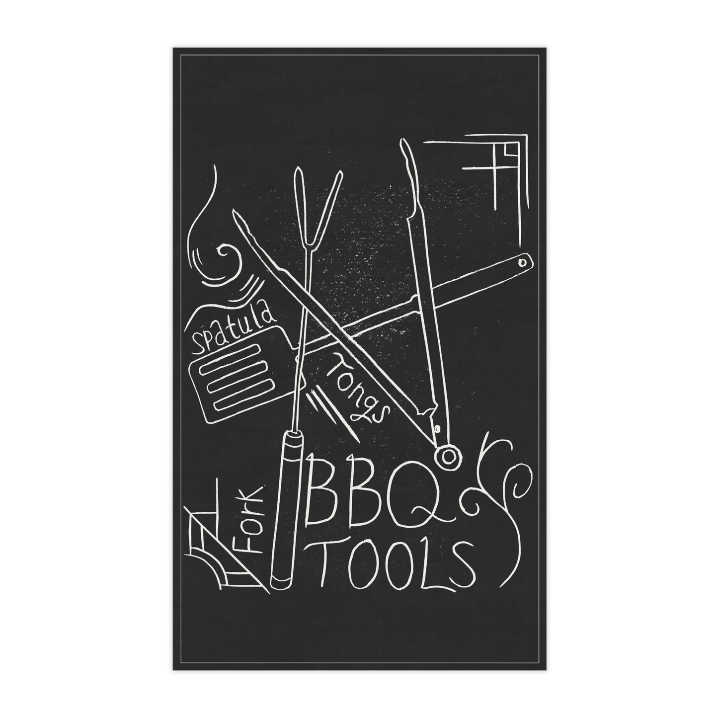 BBQ Tools Lino Print | Black Ink | Kitchen Towel | 18" × 30"