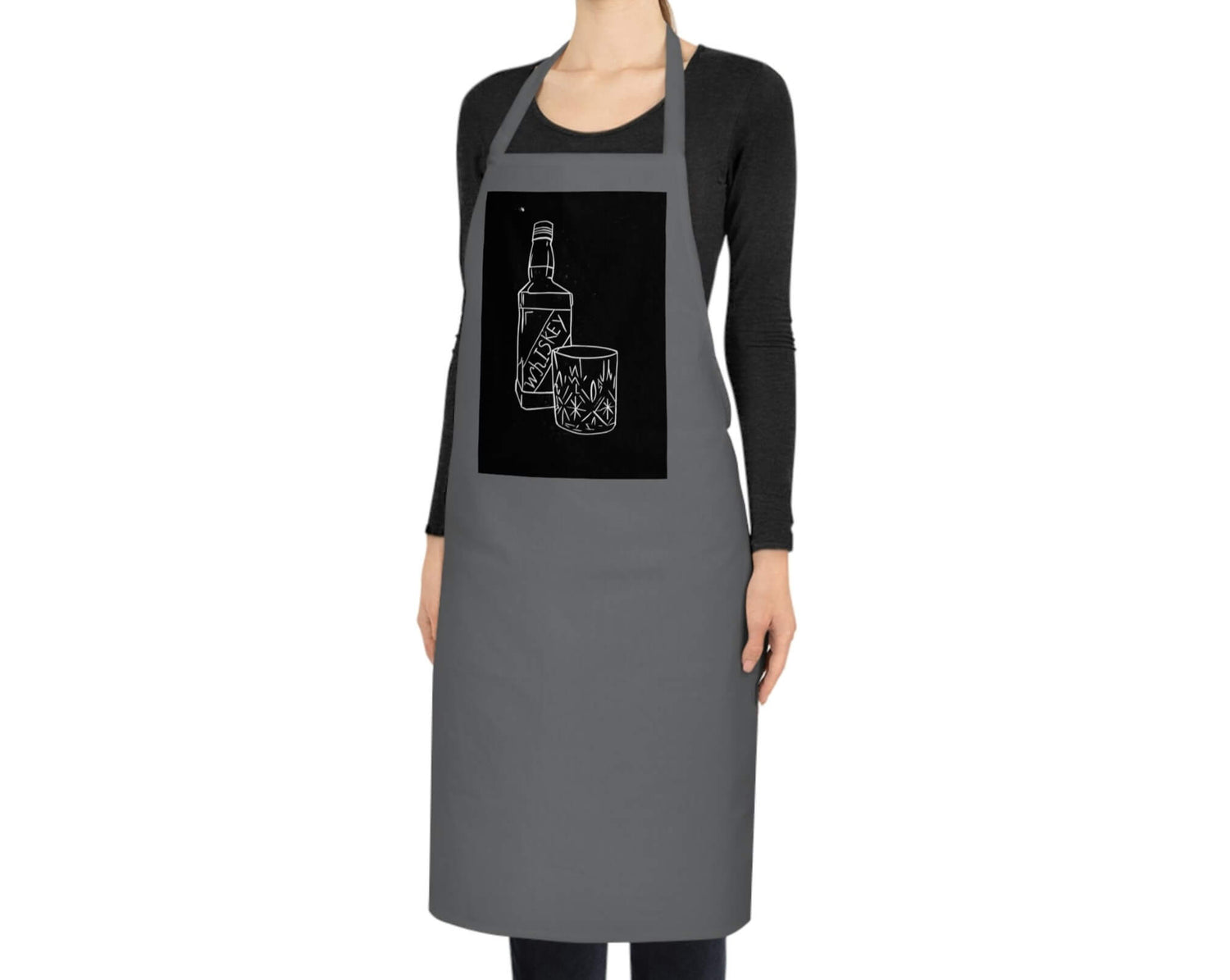 A woman wearing a Gray apron with a digitally edited lino print of a lino whiskey bottle and glass printed on it. 