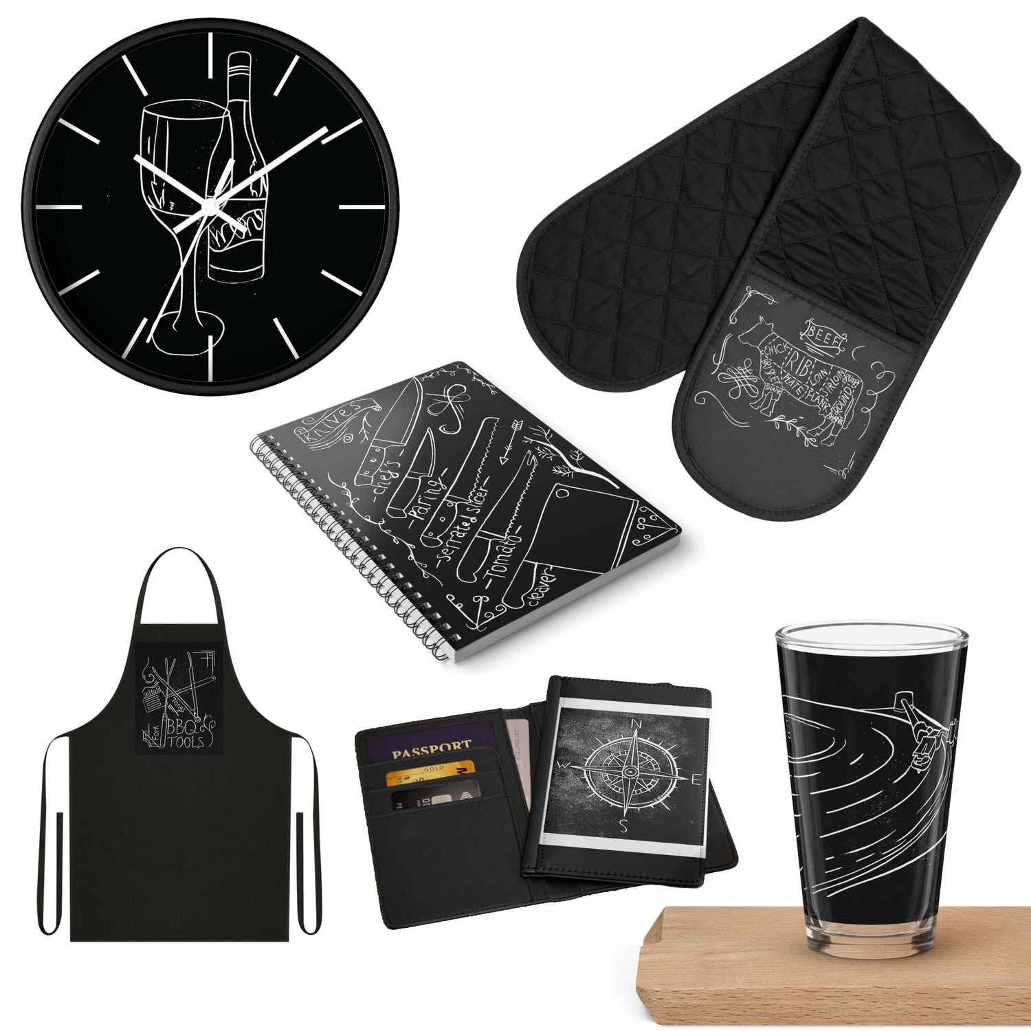 accessories homepage image with clock face, note book, oven mittens, apron, passport cover and a clear drinking glass. All with artwork print printed on them.