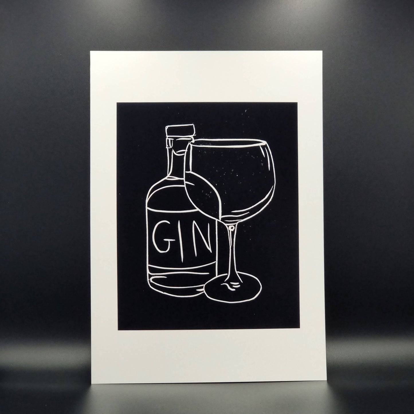 Gin Bottle and Glass Lino Print | Black Ink | A3, A4, 10X8, A5, 5X7 and 6X4