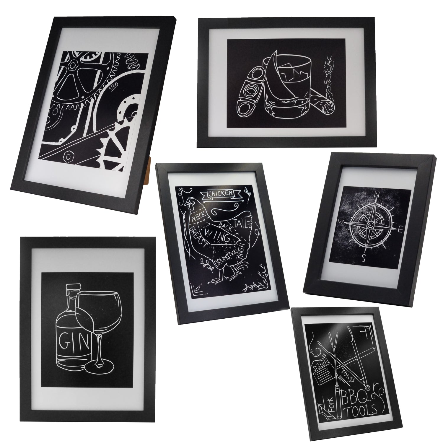 Has 6 black lino print of mechanical sketch, whisky class, gin bottle and glass, chicken meat cuts diagram, compass and BBQ cooking tools.