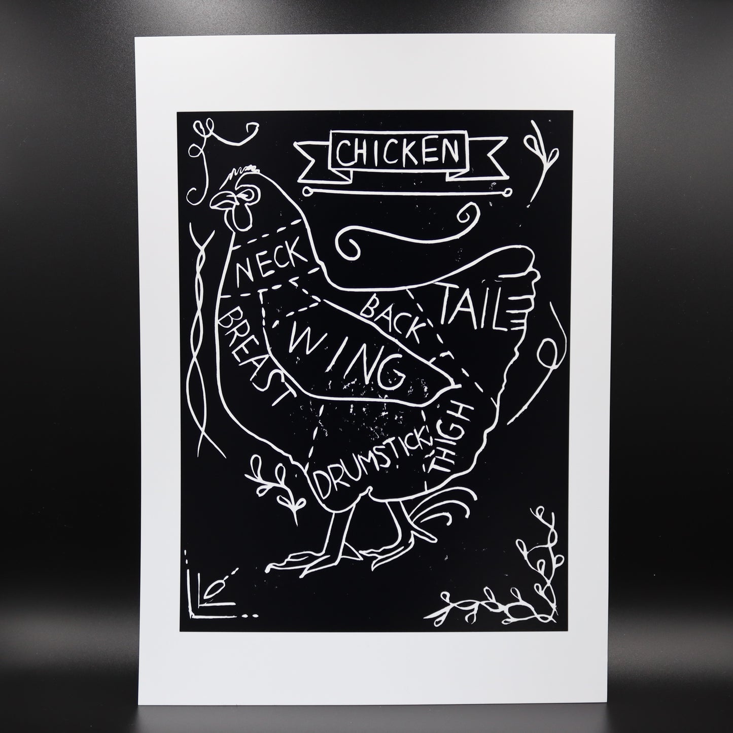 Chicken Cuts Diagram Lino Print | Black Ink | A3, A4, 10X8, A5, 5X7 and 6X4