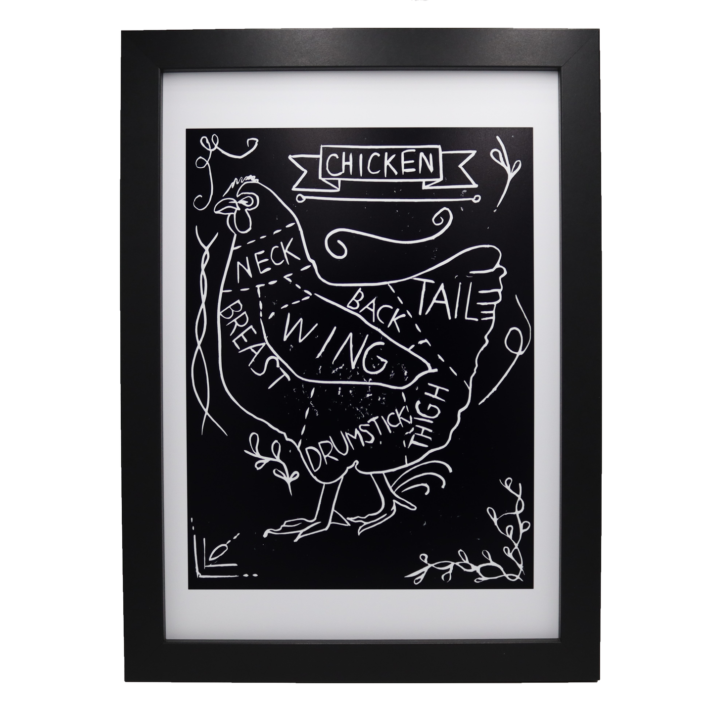 Chicken Cuts Diagram Lino Print | Black Ink | A3, A4, 10X8, A5, 5X7 and 6X4