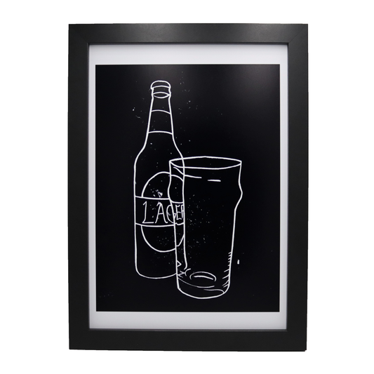 Lager Bottle and Pint Glass Lino Print | Black Ink | A3, A4, 10X8, A5, 5X7 and 6X4