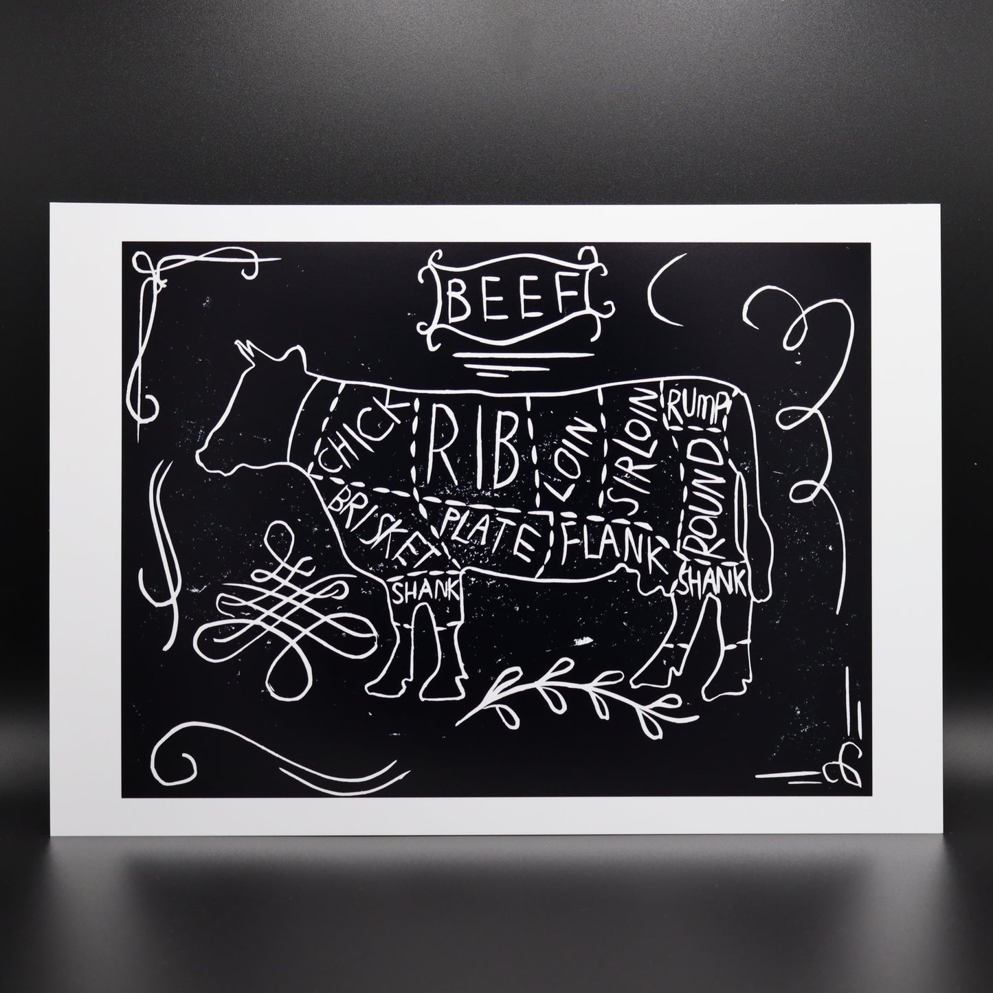 Beef Cuts Diagram Lino Print | Black Ink | A3, A4, 10X8, A5, 5X7 and 6X4