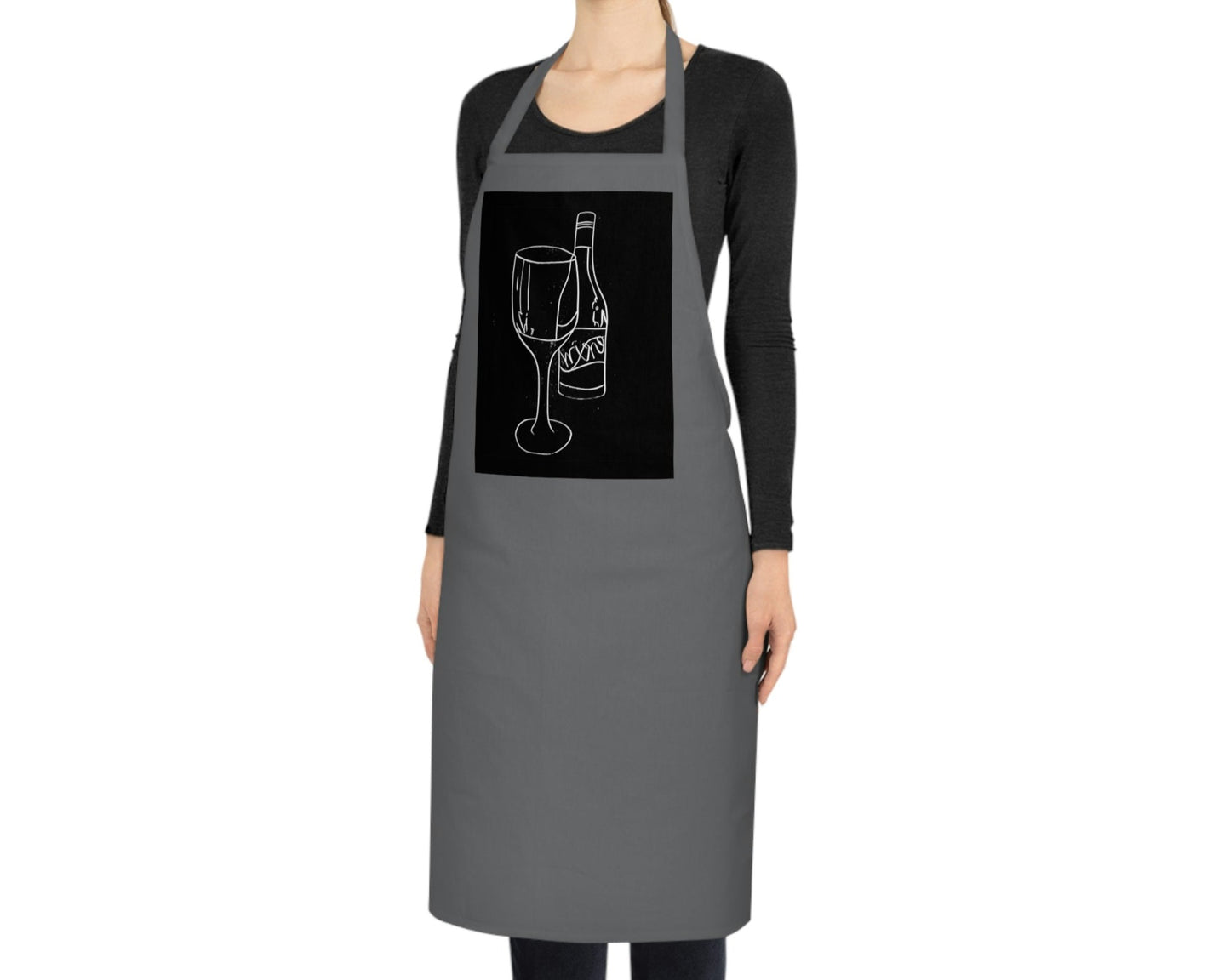 Wine Glass and Bottle Lino Print | Black Ink | Black Ink | Cotton Apron